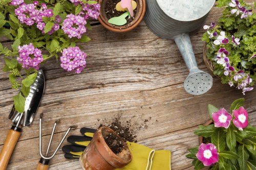 Professionals performing garden clearance in a lush Spitalfields garden
