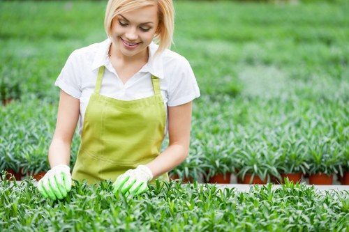 A volunteer tending plants in an urban Spitalfields garden, close-up of hands and soil.